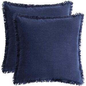AmHoo Pack of 2 Linen Pillow Covers with Tassels Fringed Navy Blue (4229)